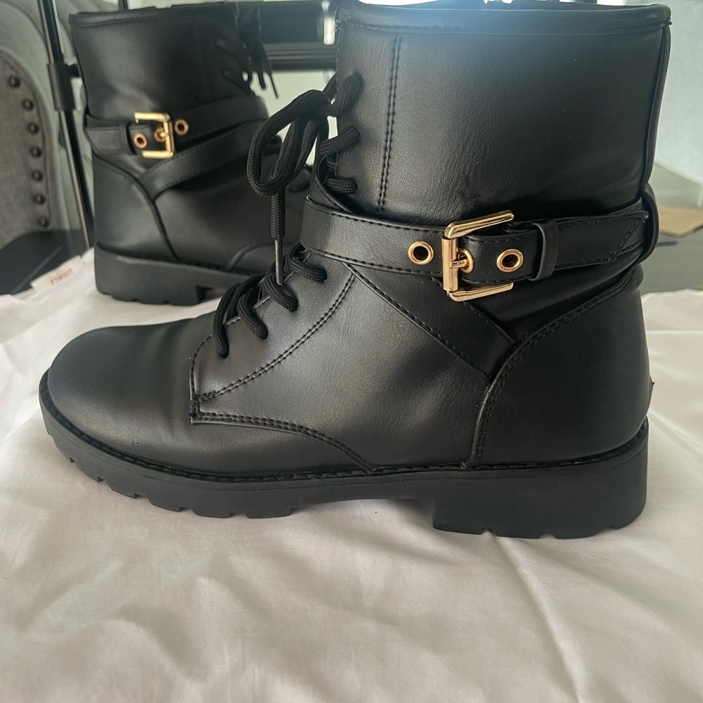 Black Combat Boots Gold Buckle Ankle Boots Lace Up Zip Side Chunky Sole